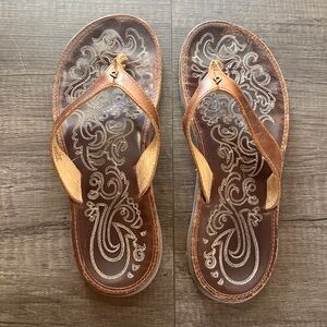 OluKai Paniolo Brown Leather Flip Flop Sandals Women’s Size 8